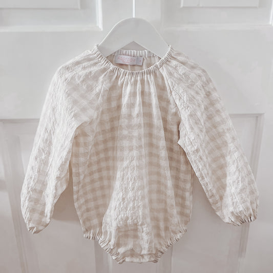 LIMITED EDITION LONG SLEEVE PUFF ROMPER - PALE GINGHAM