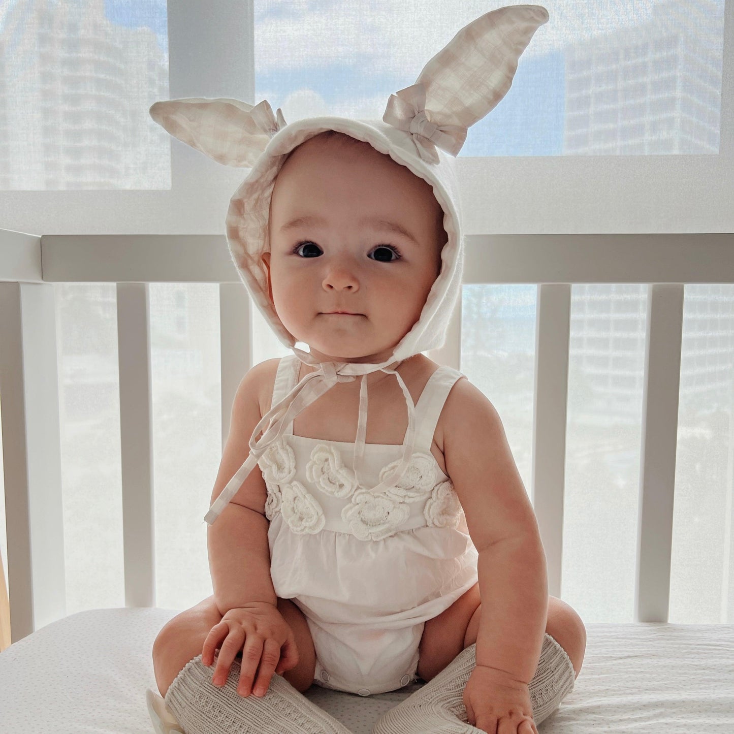 BUNNY BONNET - SNOW BUNNY / PALE GINGHAM - adorablethelabel