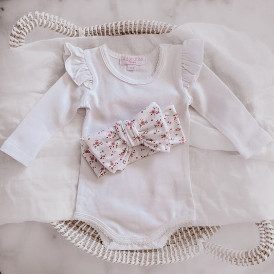 LONG SLEEVE FLUTTER BODYSUIT - ADORABLE WHITE