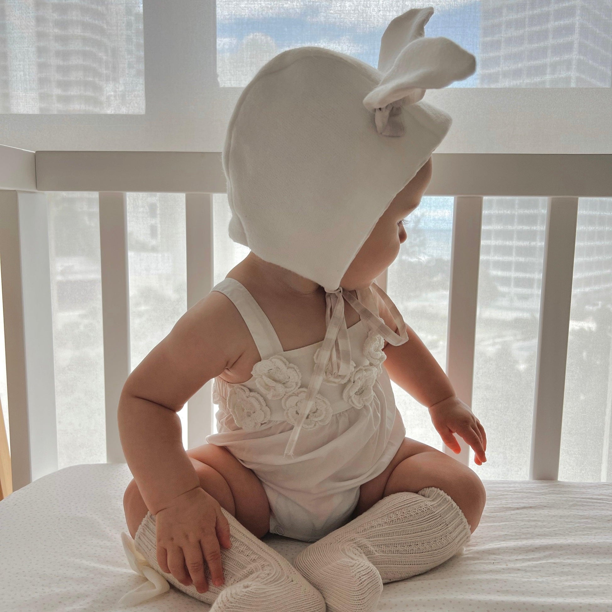 BUNNY BONNET - SNOW BUNNY / PALE GINGHAM - adorablethelabel