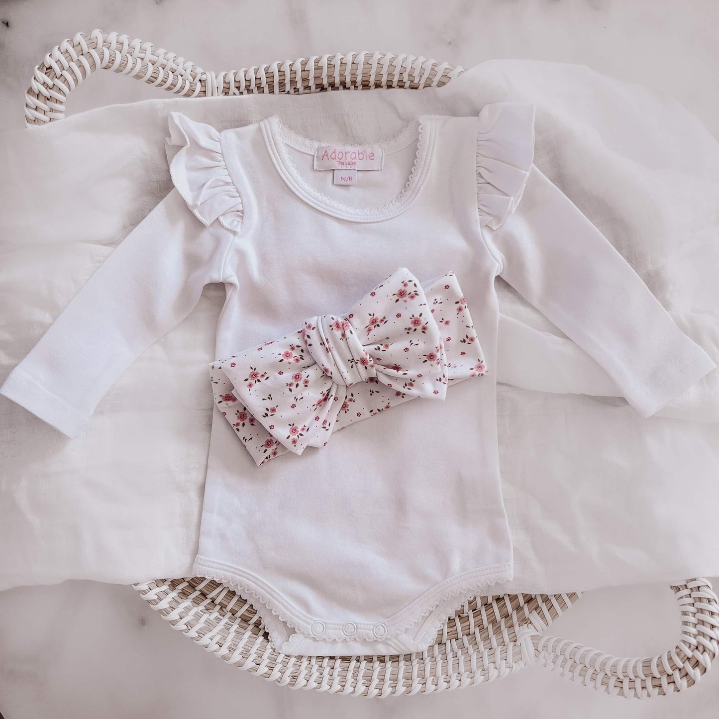 LONG SLEEVE FLUTTER BODYSUIT - ADORABLE WHITE - adorablethelabel