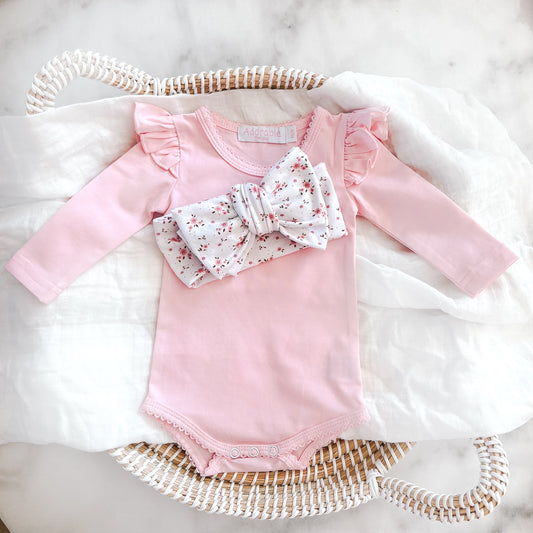 LONG SLEEVE FLUTTER BODYSUIT - ADORABLE PINK