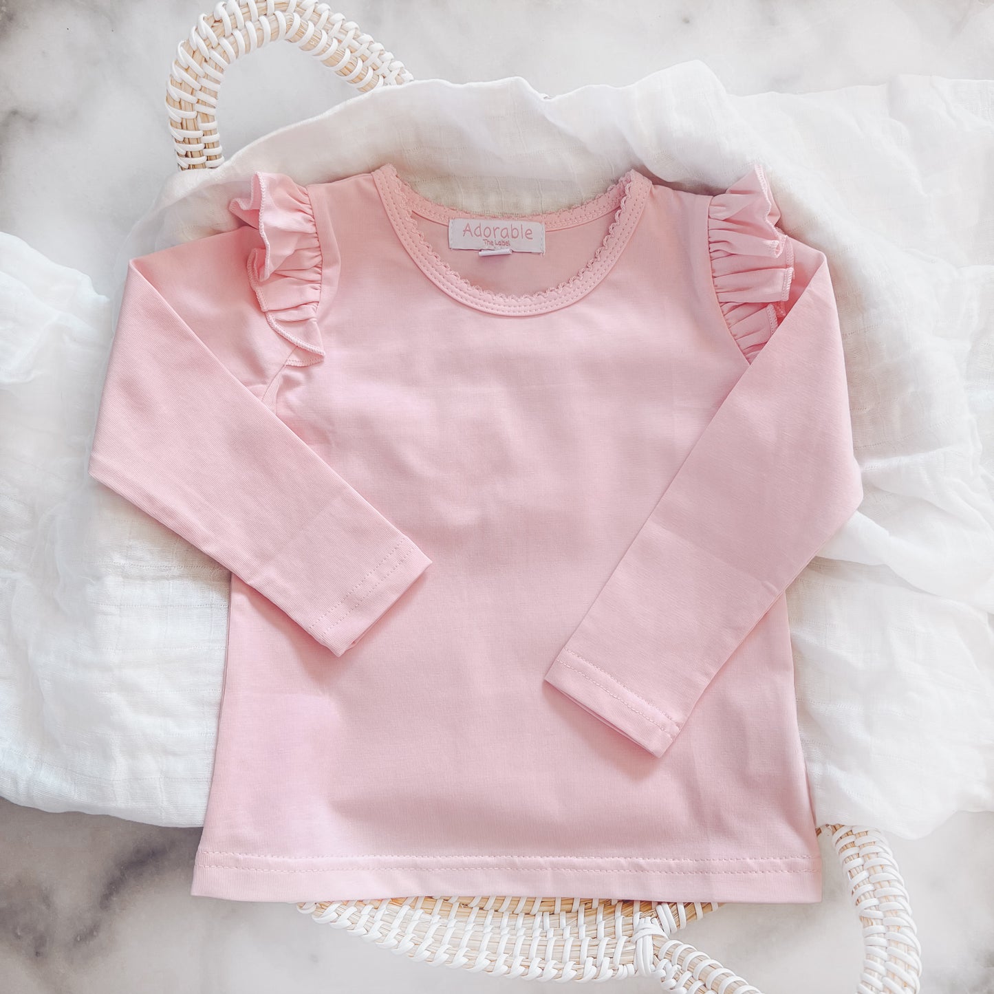 LONG SLEEVE FLUTTER TOP - ADORABLE PINK